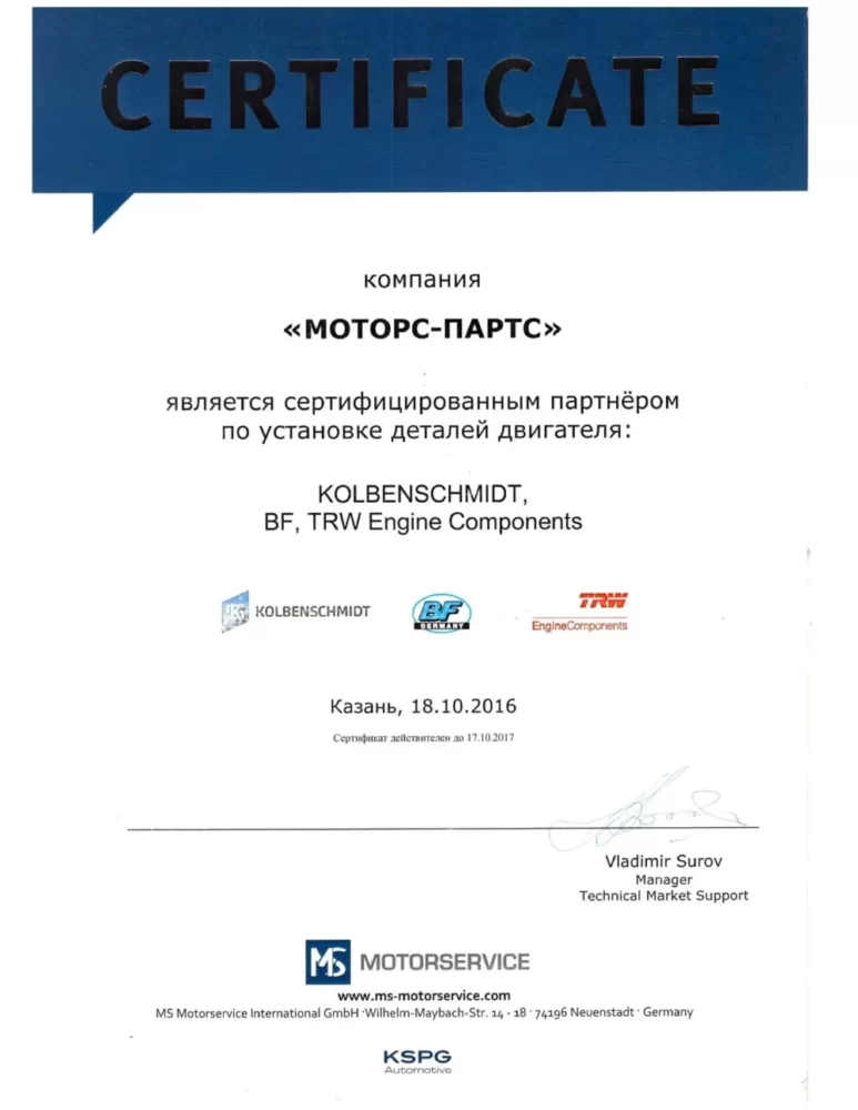 Motorservise Certificate 2016